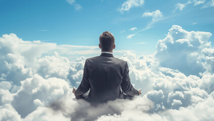Fototapeta premium Businessman Practicing Meditation Above the Clouds