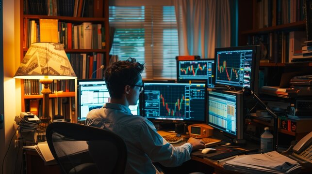 A man sits at his home office desk, looking at multiple computer screens displaying stock market data. He appears to be trading stocks at night.