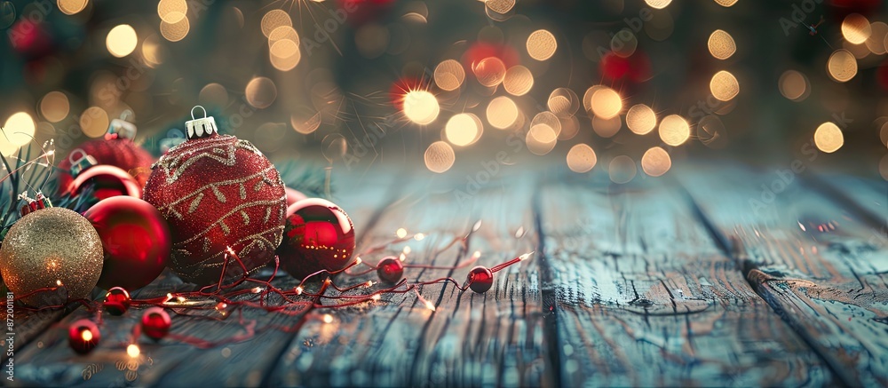 Sticker Festive Christmas ornaments with glowing lights displayed on a rustic wooden surface, with room for text or other visuals in the background.