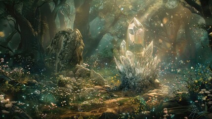 Fototapeta premium Digital artwork portraying a mystical crystal in a dreamy forest scene, capturing the essence of fantasy and natural harmony