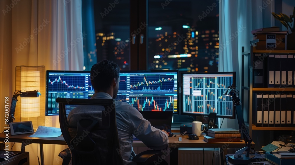 Aufkleber A man sits at his desk in front of multiple computer monitors displaying stock market data. He is working late into the night, with the city lights visible through the window behind him.