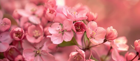 Macro photograph of pink flowers on one of the first spring-flowering trees with a copy space image.