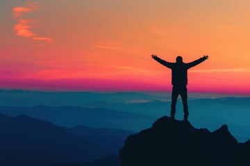 Fototapeta premium Silhouette of man standing on top mountain with arms raised up and looking at sky during sunset Concept for success, achievement or determination in business Generative AI