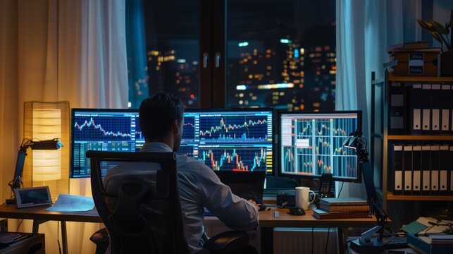 A man sits at his desk in front of multiple computer monitors displaying stock market data. He is working late into the night, with the city lights visible through the window behind him.