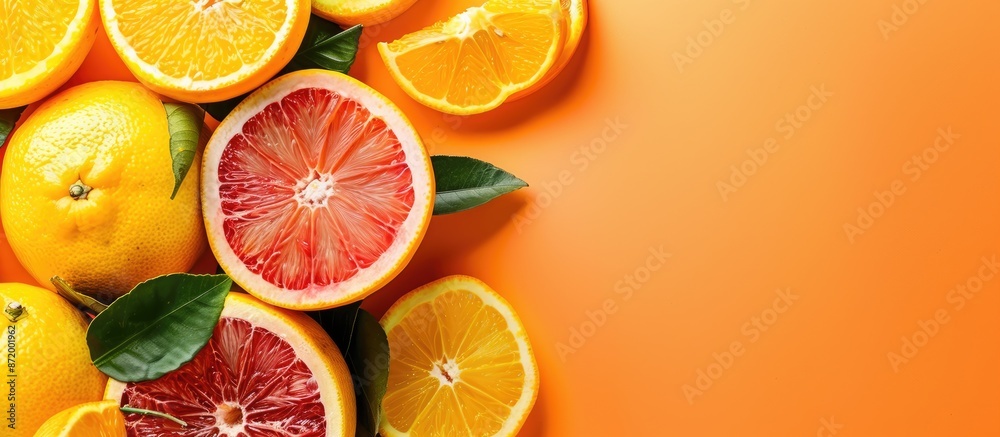 Poster Citrus fruits laid out beautifully on a colored background with a bit of space for text. Copy space image.