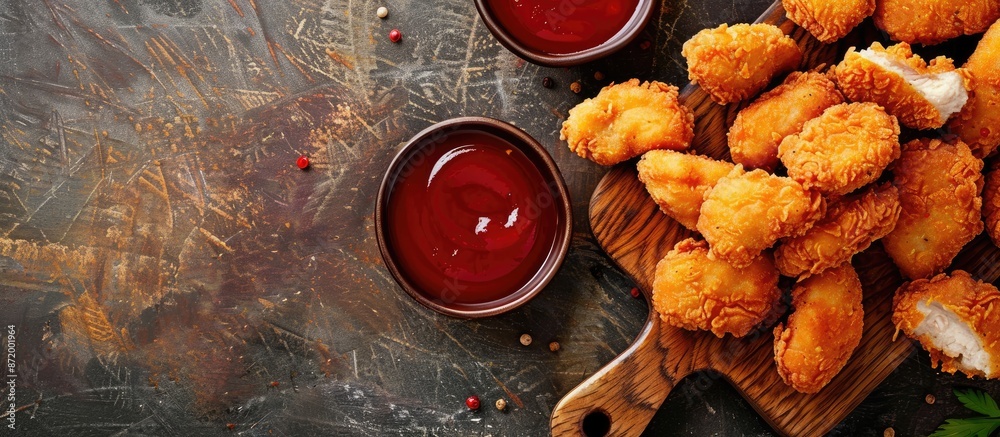 Poster on the table lies a wooden board with delicious chicken nuggets accompanied by a flavorful sauce, cr