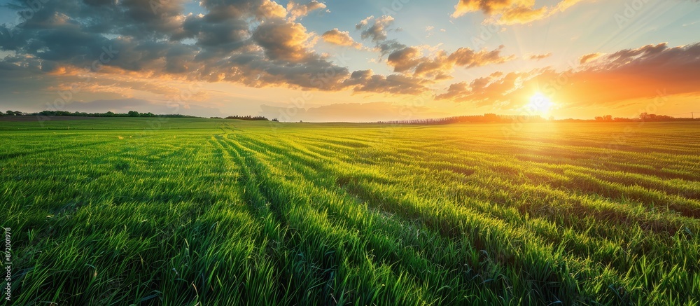 Poster scenic green field with a stunning sunset glow providing a great backdrop for a copy space image.