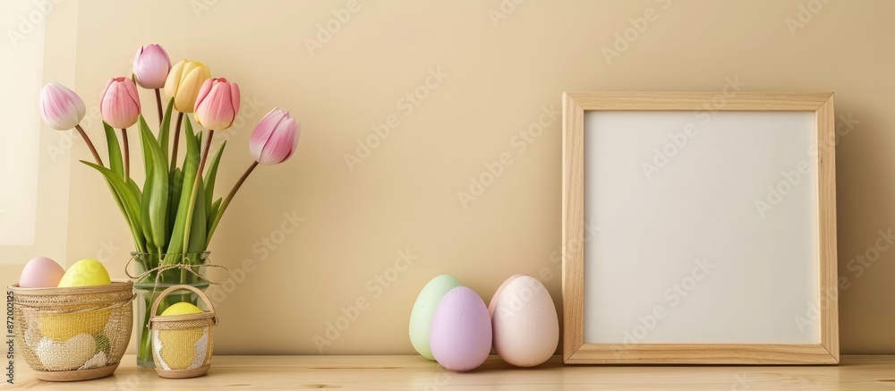 Fototapete tulip flowers and easter eggs displayed on a wooden table against a light wall with an empty picture