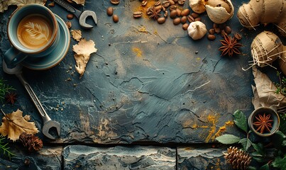 flatlay composition, carpenters tools, coffee mug on stone table father s day concept.stock image