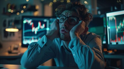 A man stares at a computer screen displaying stock charts, looking stressed and frustrated. Hes sitting in his office late at night, likely working on his financial investments.