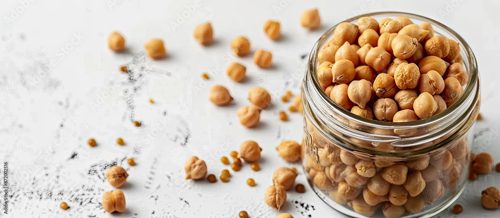 Poster glass jar containing dry chickpeas for vegans displayed on a white background with copy space image 