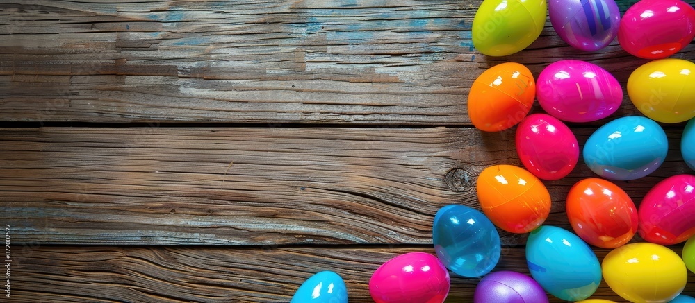 Poster colorful plastic easter eggs displayed on a wooden background with space for your own image.