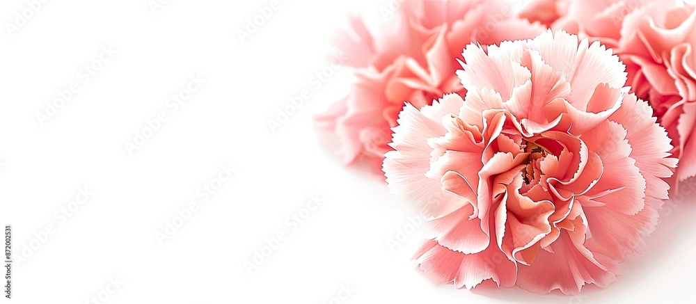 Poster pink carnation flower isolated on a white background for mother's day with copy space image.