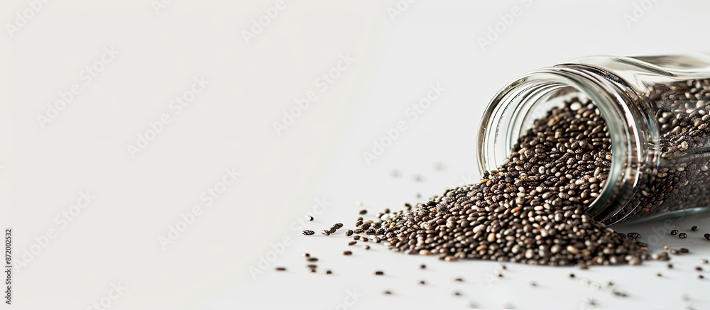 Poster Chia seeds scattered from a toppled glass jar, with the lid visible in the backdrop against a white background, creating a copy space image.