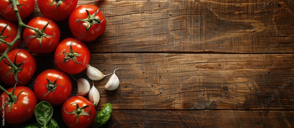 Poster fresh tomatoes and garlic arranged on a wooden surface, viewed from above with a copy space image av