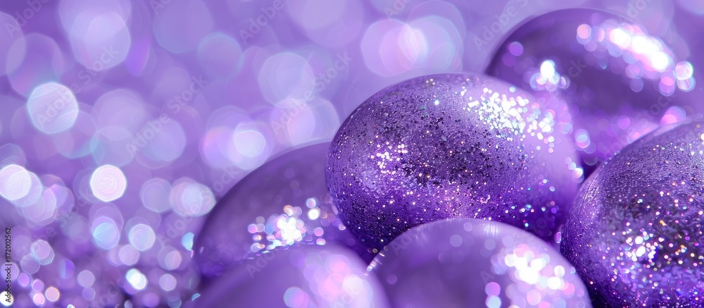Poster easter eggs adorned with shiny purple sparkles in a close-up copy space image.