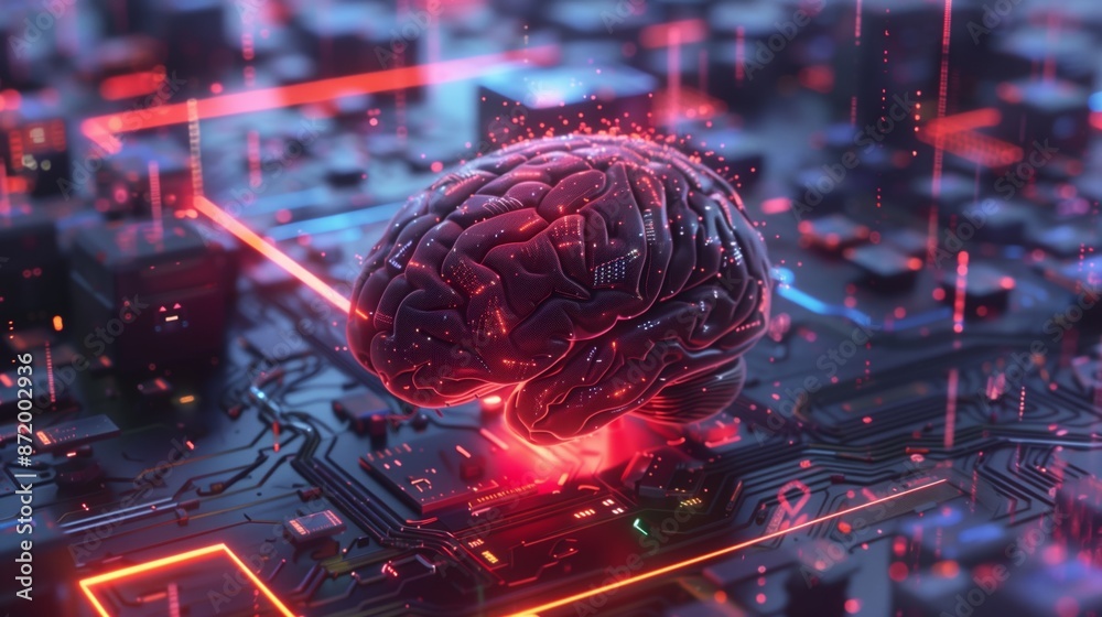 Leinwandbilder A digital rendering of a human brain sitting on a circuit board. Red lights illuminate the brain and the board.