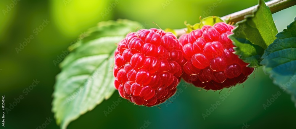Poster A vibrant red raspberry on a branch in a sunny macro photo, with a blurred background providing space for text, ideal for cards, posters, or website decoration.