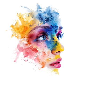 makeup paint and woman face with colorful splash of paint and rainbow of make up colors