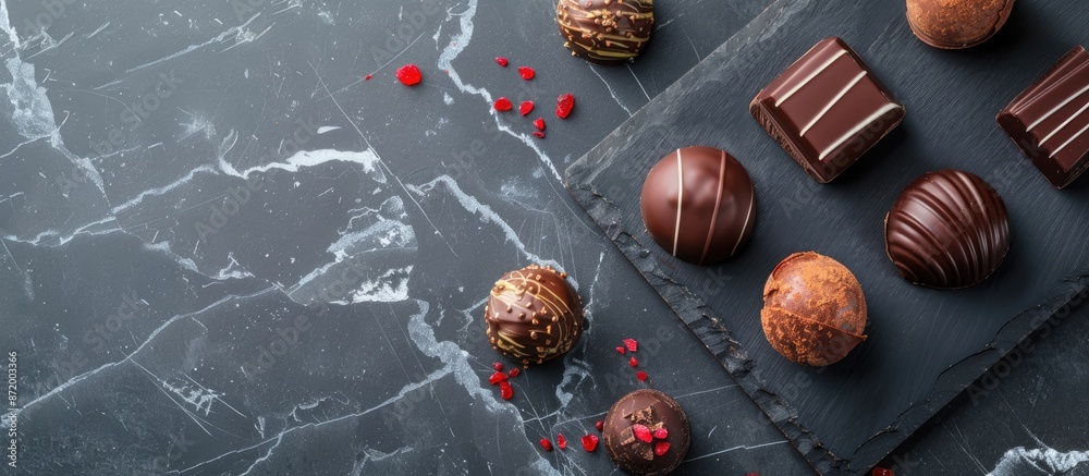 Poster Closeup image of various delicious chocolate candies on a slate plate with copy space image.