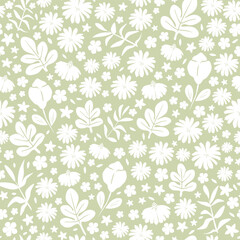 Vector illustration. Seamless pattern of white flowers on a green background. Ditsy floral green pattern, field of flowers, print for fabric, textile, wallpaper, baby clothes, wrapping paper