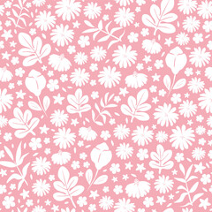 Vector illustration. Seamless pattern of white flowers on a pink background. Ditsy floral pink pattern, field of flowers, print for fabric, textile, wallpaper, baby clothes, wrapping paper