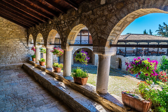 A view looking out from the Ardenica Monastery in Albania in the morning in summertime