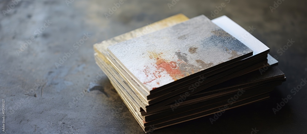 Poster business cards arranged in a stack on a textured grunge background, with copy space image.