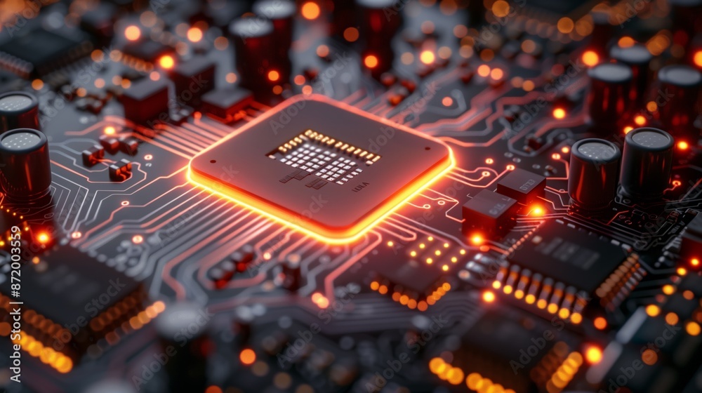 Poster A close-up of a computer chip with glowing red circuits. The chip is surrounded by other components on a circuit board.