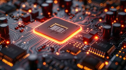 A close-up of a computer chip with glowing red circuits. The chip is surrounded by other components on a circuit board.