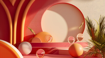 Obraz premium 3d scene with abstract ball and circle theme and red background with sunlight. 3d render in the modern style.