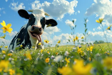 A wide-angle shot captures the delight of a smiling cow in a sunny meadow, its tongue peeking out happily, against the backdrop of lush greenery, yellow blooms, and a radiant blue sky.