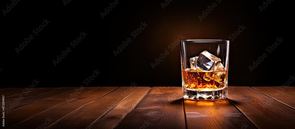 Poster a luxurious glass of whiskey with ice sits elegantly on a wooden table against a backdrop of empty s