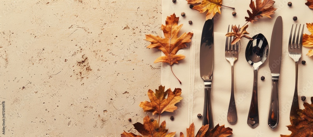 Poster Above view of fall-themed table setting with golden oak leaves, cutlery on beige backdrop; banner with copy space image available.