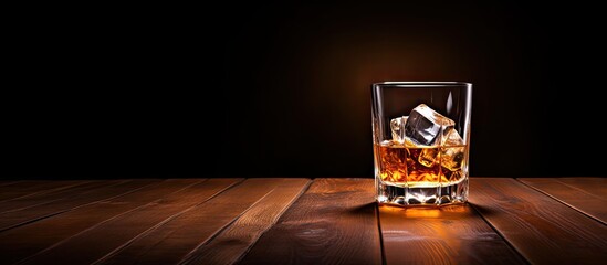 A luxurious glass of whiskey with ice sits elegantly on a wooden table against a backdrop of empty space for text or other images.