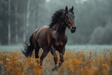 A bay horse is portrayed amidst tall summer grass, its majestic gallop captured in a vibrant display of wildlife.