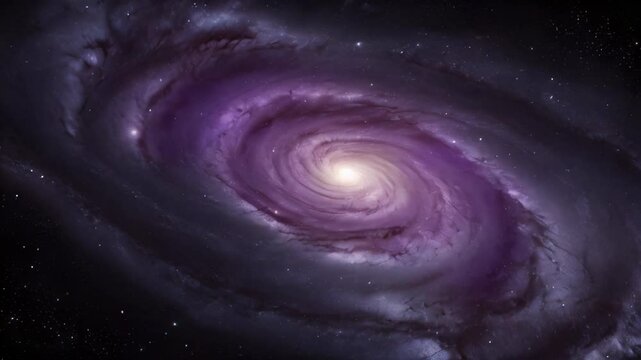 A spiral galaxy in the dark starry sky. The camera slowly zooms in on the purple galaxy. Rotating Nebula space animation in 3d. Ideal for meditation background and relaxation