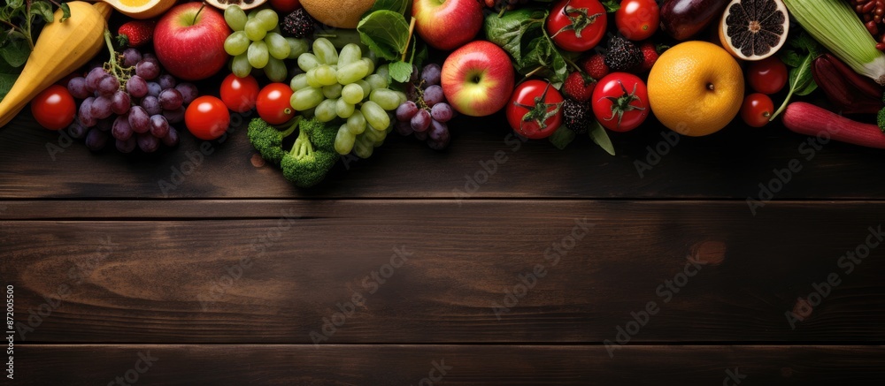 Poster fresh fruits and veggies displayed on a dark wooden surface from above, creating a scenic copy space