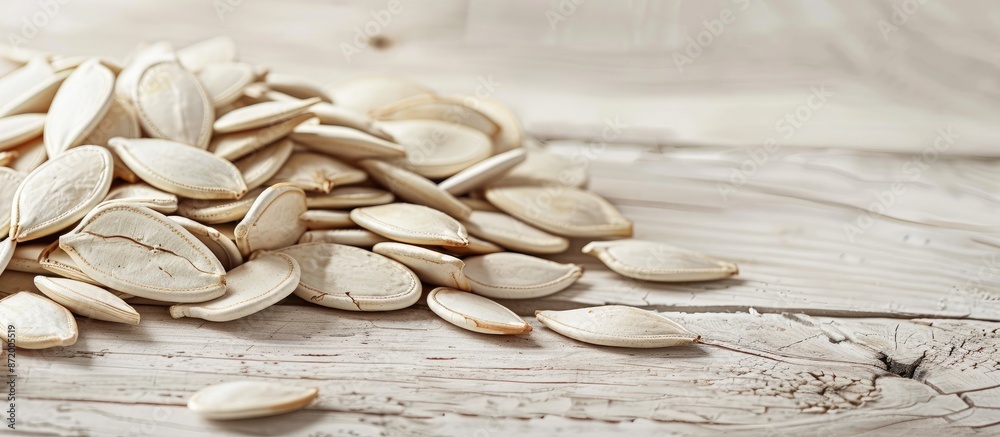 Poster a pile of pumpkin seeds positioned to the left of a copy space image on a pale wooden background.