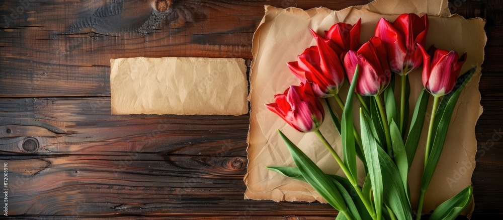 Poster tulips arranged next to a blank sheet for copy space image.