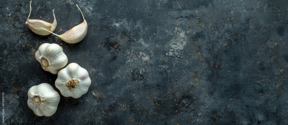 Aufkleber garlic seen from above on a dark background, showcasing available copy space image.
