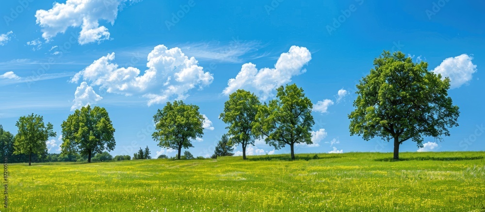 Poster Scenic view of a meadow with a row of trees under a sunny blue sky, ideal for a copy space image.