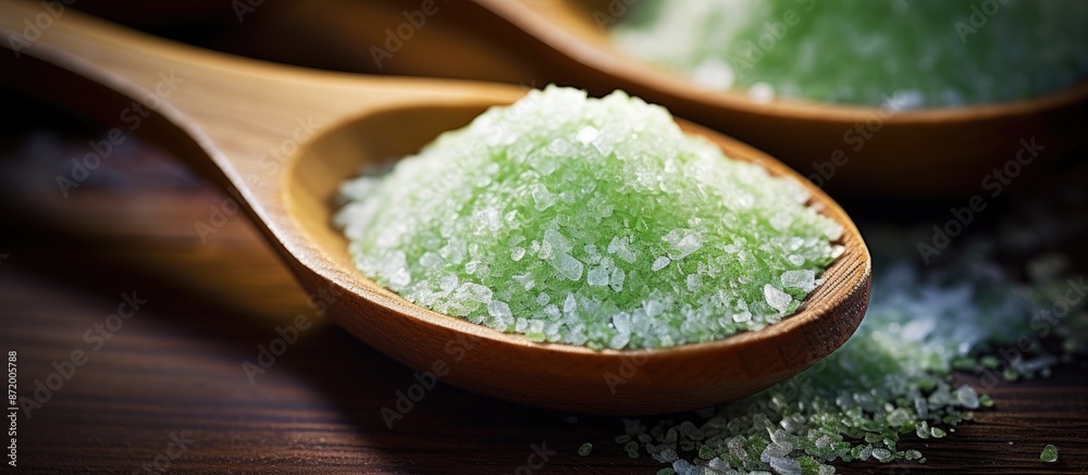 Poster close-up of green bath salt displayed in wooden spoons with copy space image.