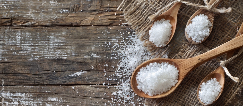 Poster Sea salt spoons on a rustic wooden table with ample copy space image.