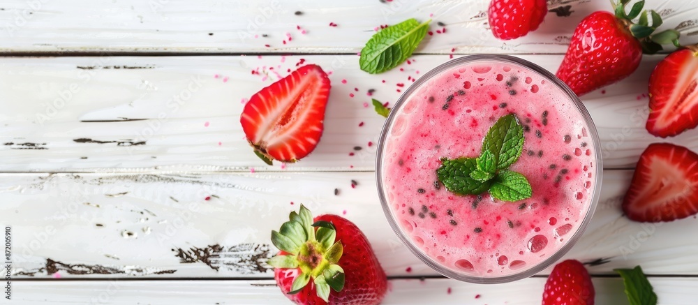Poster a tasty pitahaya smoothie with mint and fresh fruit displayed on a white wooden table in a flat lay 