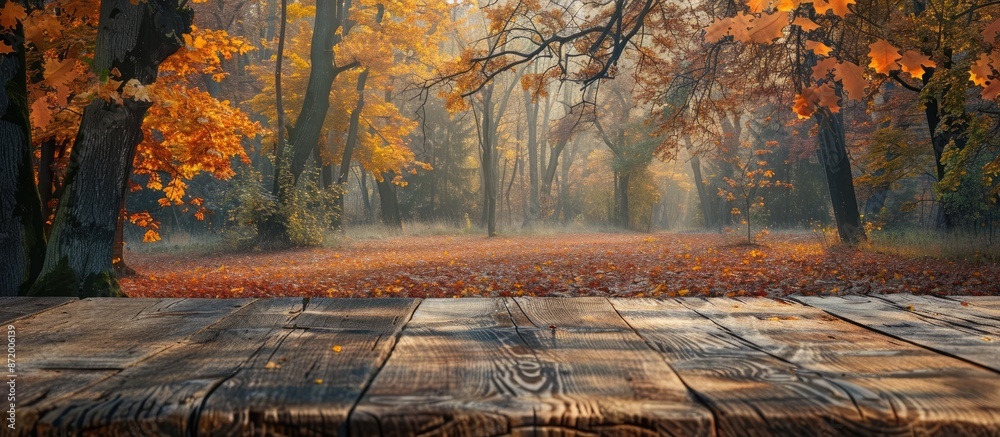 Poster Autumn forest backdrop with trees a backdrop to an empty wooden table for placing inscriptions or advertisements. Ideal for copy space image.