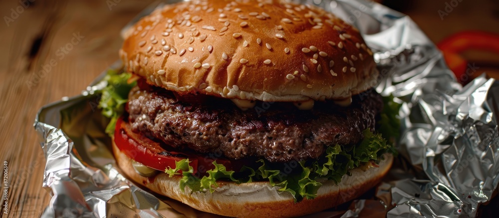 Poster Macro shot of a large beef burger in foil packaging with copy space image.