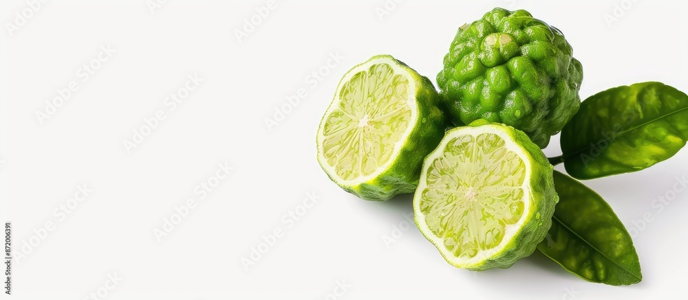 Poster fresh bergamot fruit on a white background with a cut green bergamot in half, featuring a clipping p