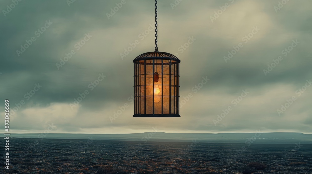 Wall mural  Minimalist, surreal digital art of a lone birdcage, suspended in mid-air above a desert plain, muted colors,