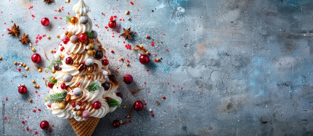 Poster christmas tree cone-shaped dessert displayed on a concrete background with room for text or other de
